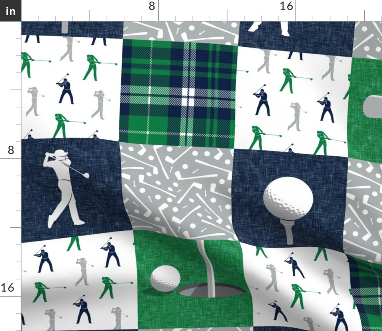 Golf Patchwork Golfing Green Navy Gray Plaid Custom Printed Fabric by Spoonflower Various Fabrics by the Yard or Fat Quarter